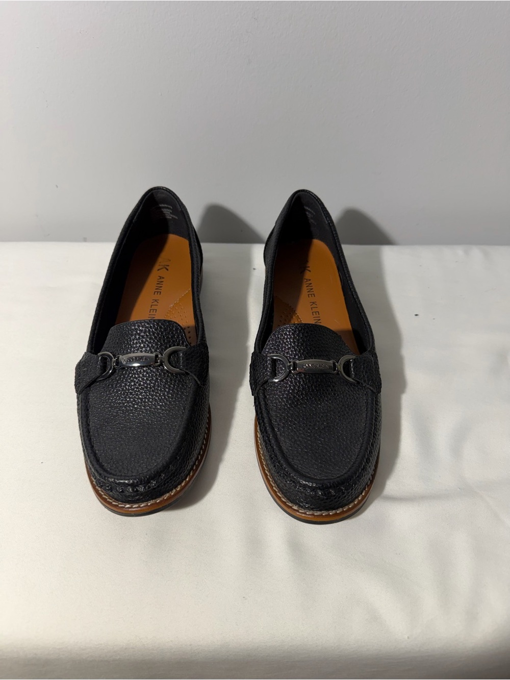 Anne Klein Black Pebbled Leather Bit Loafers